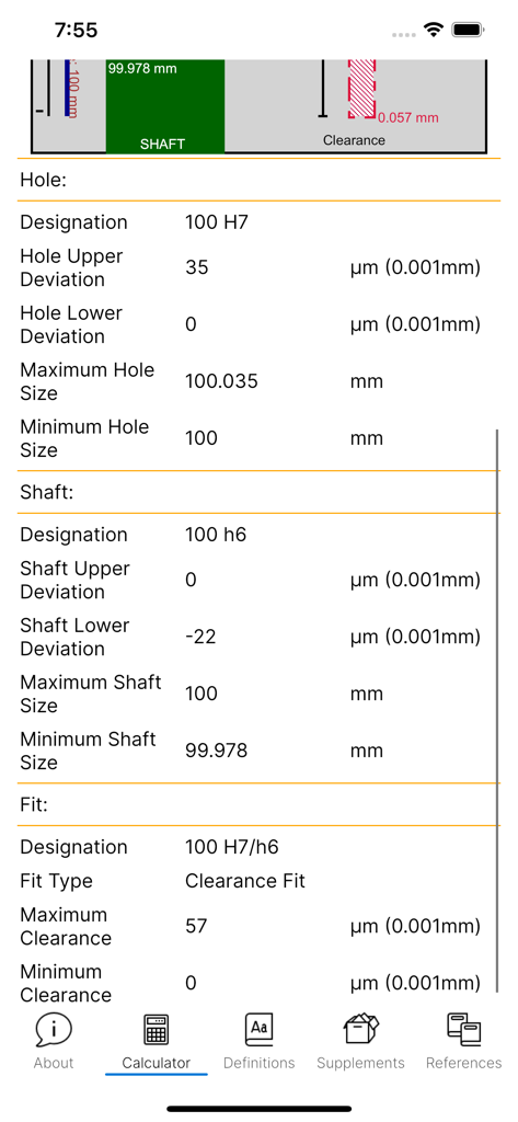 Detailed engineering tolerance calculation results for a hole and shaft clearance fit in the Fit Tolerance ISO app