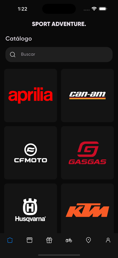 Sport Adventure - Écran de catalogue de l'application Sport Adventure présentant des marques de motos comme Aprilia, KTM et Husqvarna.