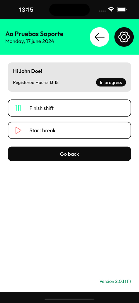 Orquest InStore - Mobile interface of Orquest InStore showing shift and break tracking options for an employee
