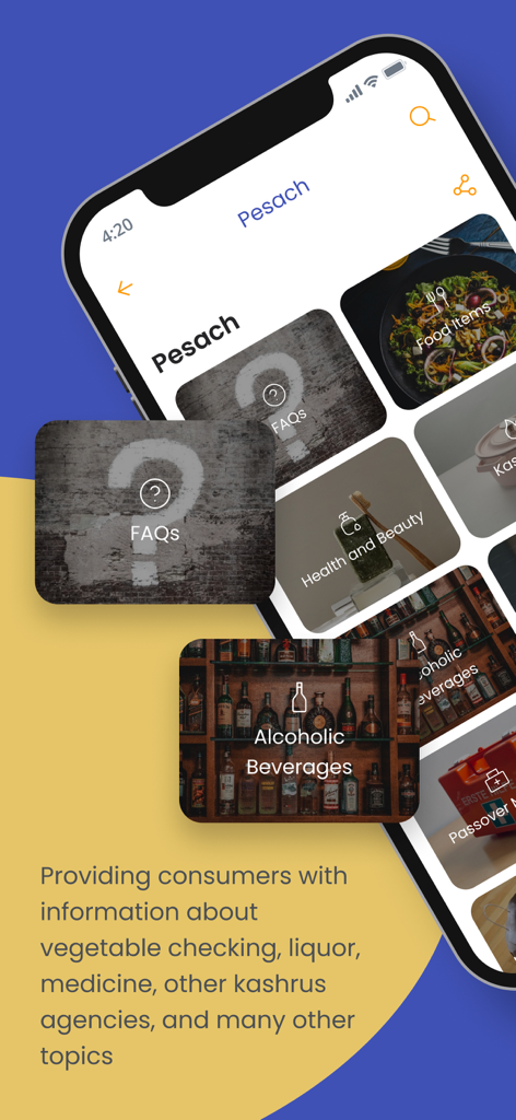 cRc Kosher - Screenshot of the cRc Kosher app interface showing Passover categories including FAQs and food items