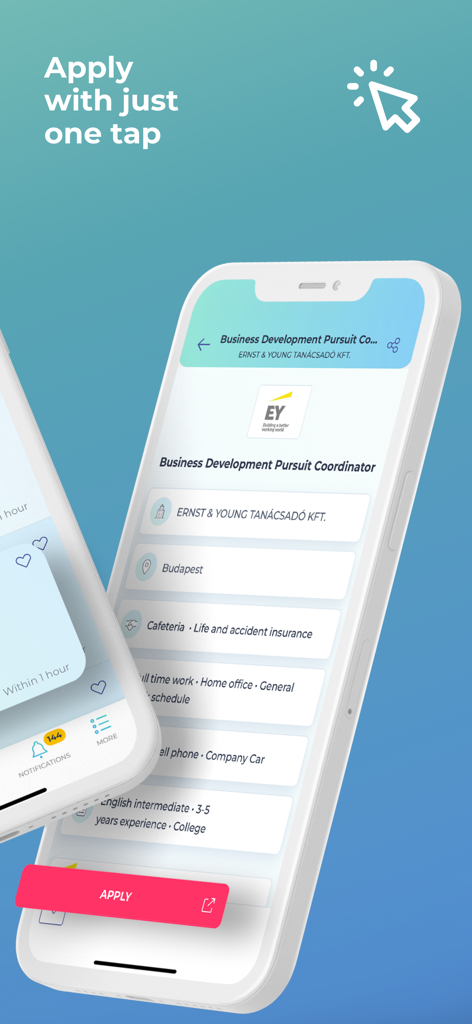 Smartphone displaying a job listing on the Profession.hu app with a prominent one tap apply button