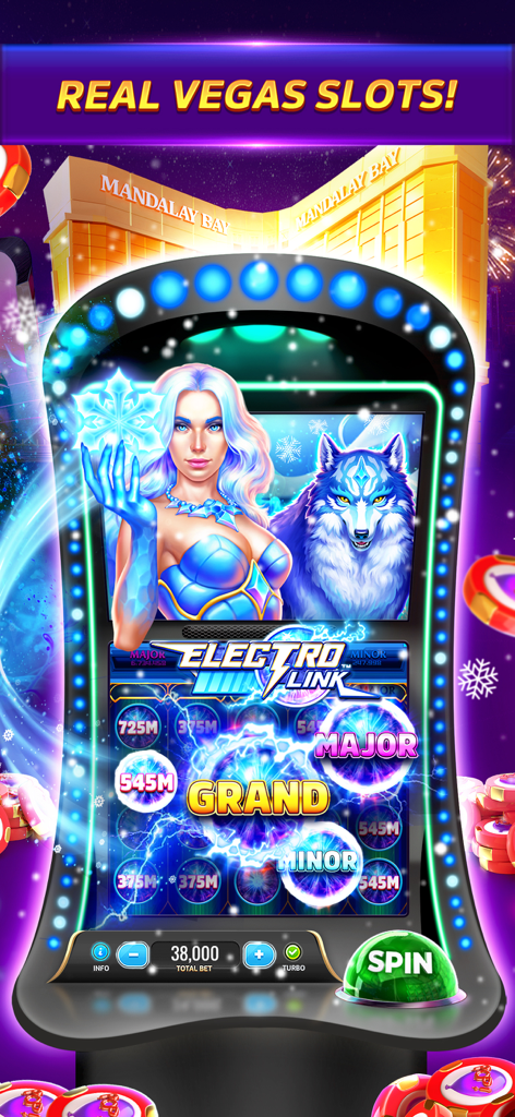 POP! Slots™ - Interfaccia del gioco mobile POP! Slots che mostra la slot machine Electro Link con un tema invernale e l'hotel Mandalay Bay sullo sfondo