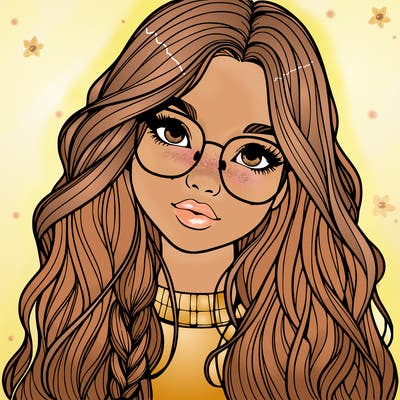girl with long hair and freckles and glasses realistic