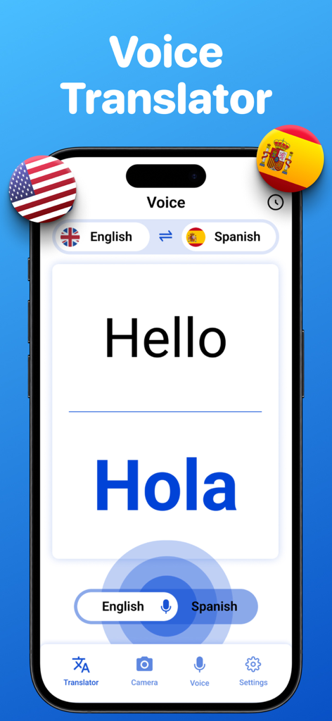 AI翻訳アプリのインターフェース。英語からスペイン語への音声翻訳が表示され、「Hello」という単語が「Hola」と翻訳されている。