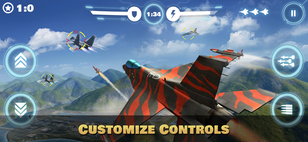 Ace Force: Joint Combat - A fighter jet with orange tiger stripes in an aerial dogfight with customize controls overlay