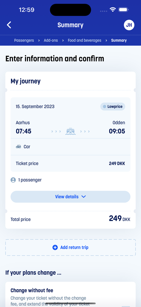 A summary screen of the MOLSLINJEN app displaying ferry trip details from Aarhus to Odden with a car and one passenger