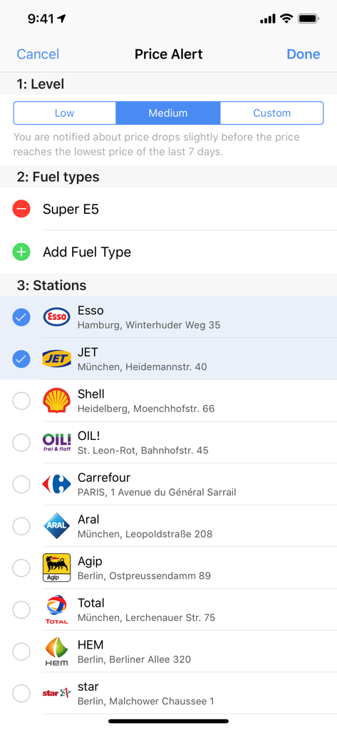 Price alert settings in the 1-2-3 Fuel app for choosing fuel types and gas stations.