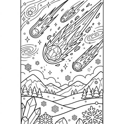 Journey to a mesmerizing winter wonderland where dazzling sungrazing comets light up the night sky. This unique coloring page blends cosmic drama with serene snowy landscapes, perfect for an imaginative escape.