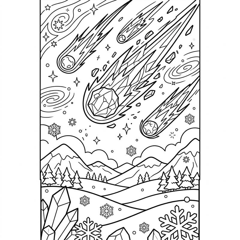 Journey to a mesmerizing winter wonderland where dazzling sungrazing comets light up the night sky. This unique coloring page blends cosmic drama with serene snowy landscapes, perfect for an imaginative escape.