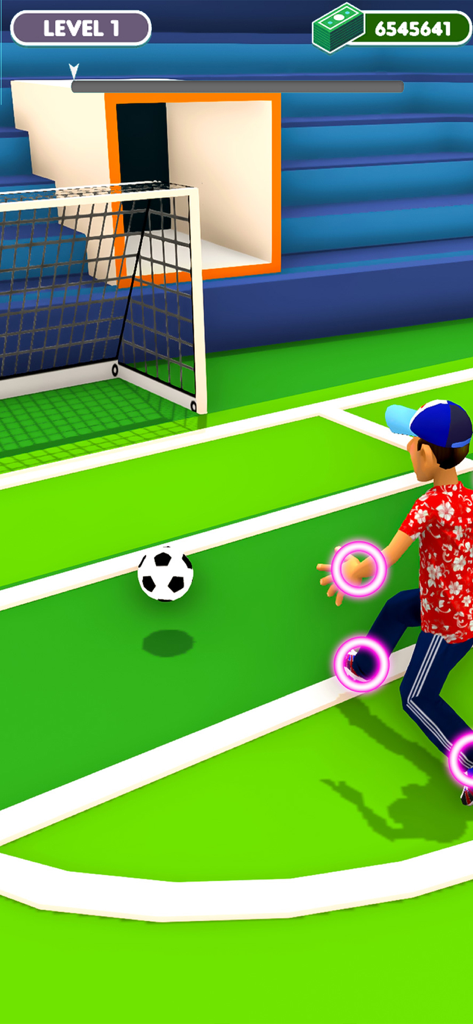 Slow Mo Action Run Fight Game - 꽃무늬 셔츠를 입은 캐릭터가 슬로우 모션으로 골대를 향해 축구공을 차는 모습