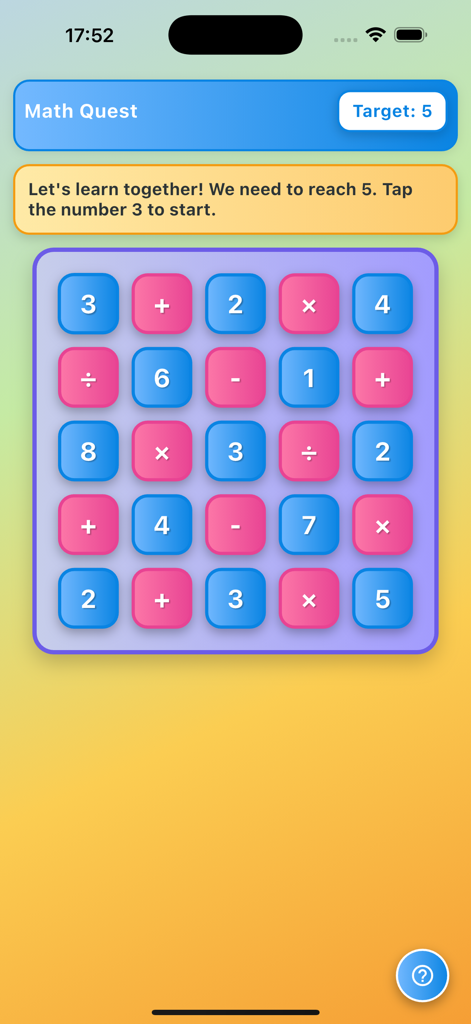 Math Quest: Brain Training - Interfaz del juego Math Quest mostrando una cuadrícula colorida de 5x5 con fichas de números y operadores para entrenamiento cerebral