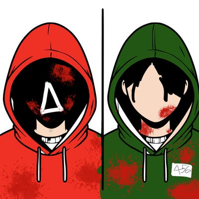 a person with a hoodie and no face, the drawing is split in 2