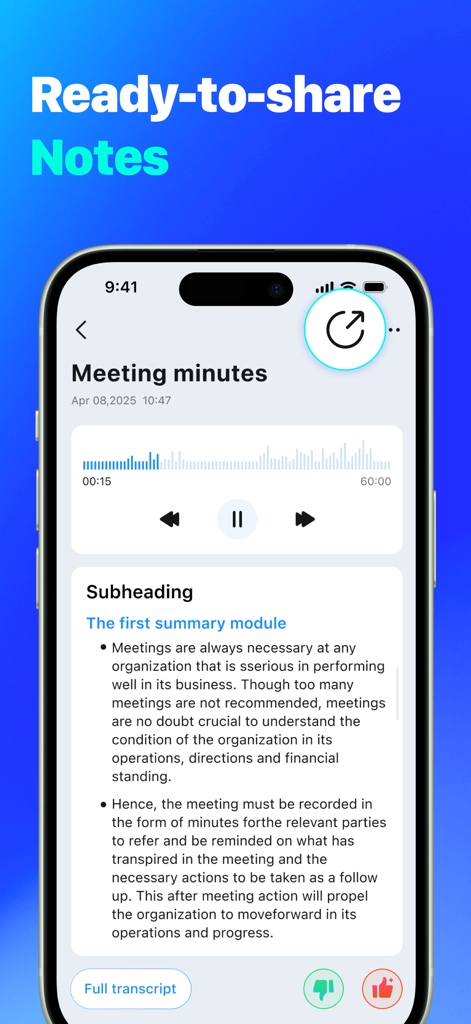 AI Meeting Notes: Auto Summary - AIミーティングノートアプリのiPhoneスクリーンショット。音声録音と、共有準備のできた構造化されたテキスト要約が表示されています。