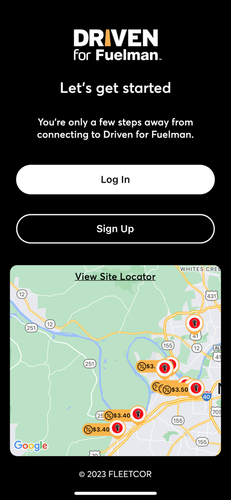 DRIVEN FOR FUELMAN® - Welcome screen of the Driven for Fuelman app showing login and sign up options with a fuel station map locator.