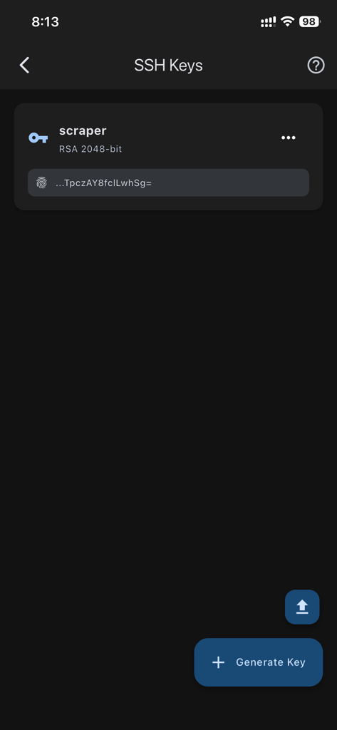 管理されているRSA SSHキーと新しいキーを生成するためのボタンを示すMobile SSH Terminalアプリのインターフェース