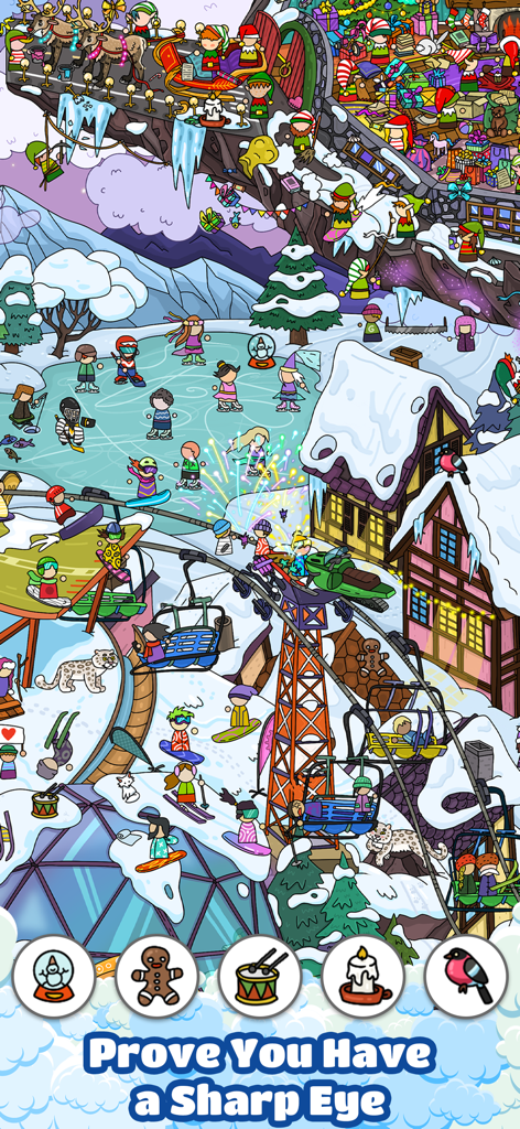 Scavenger Hunt－Hidden objects! - Un nivel vibrante y detallado de estación de esquí de invierno en el juego Búsqueda del Tesoro con objetos ocultos para encontrar en la parte inferior.