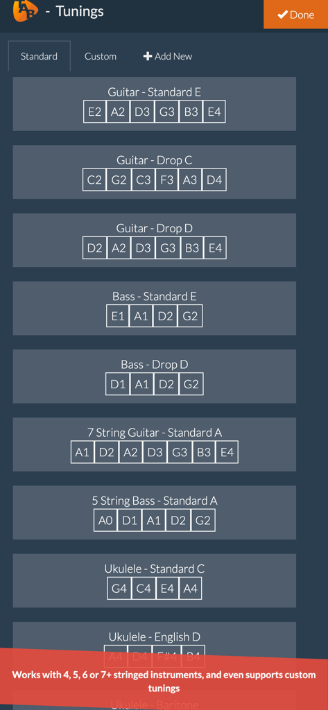 Tuning selection screen for guitar bass and ukulele with options for different string counts and custom tunings.