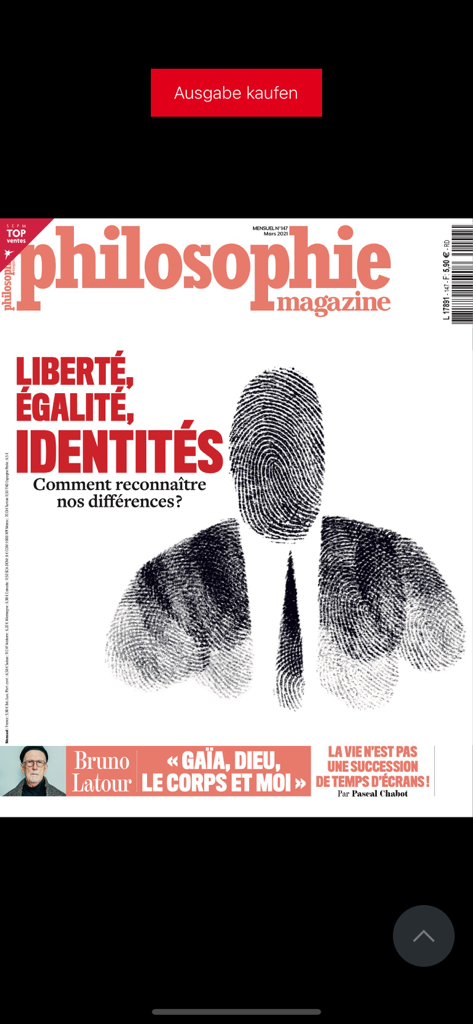 Philosophie magazine - Capa da revista Philosophie com um título sobre liberdade, igualdade e identidades com uma ilustração de uma impressão digital.