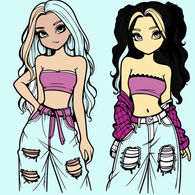 2 girls in crop tops and baggy jeans ripped