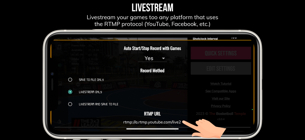 Interfaz de la aplicación BT Basketball Camera que muestra la configuración de transmisión en vivo y los ajustes de URL RTMP