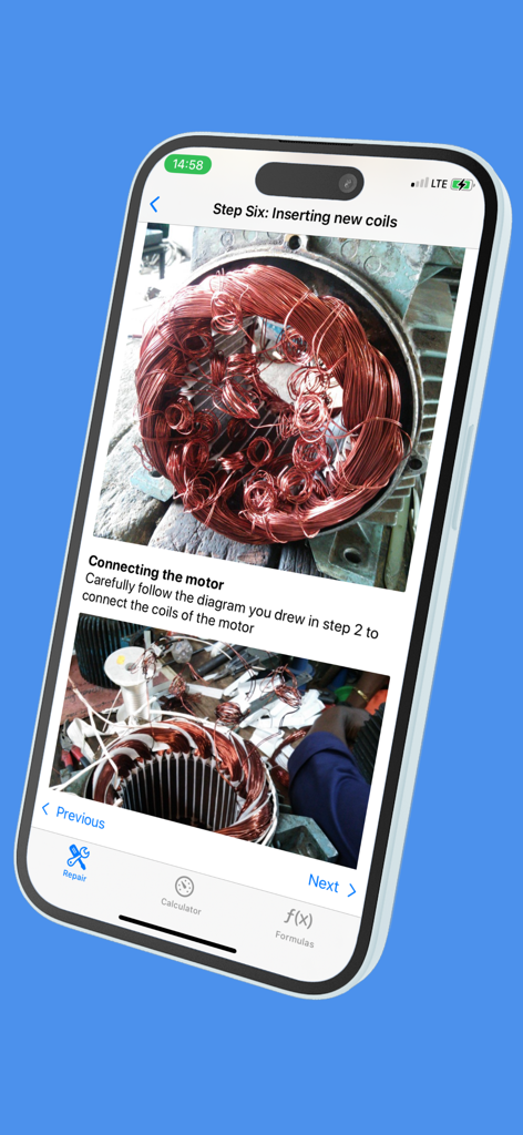 Motor Repair - Interface do aplicativo Reparo de Motores mostrando instruções do passo seis para inserir novas bobinas de cobre em um motor elétrico.