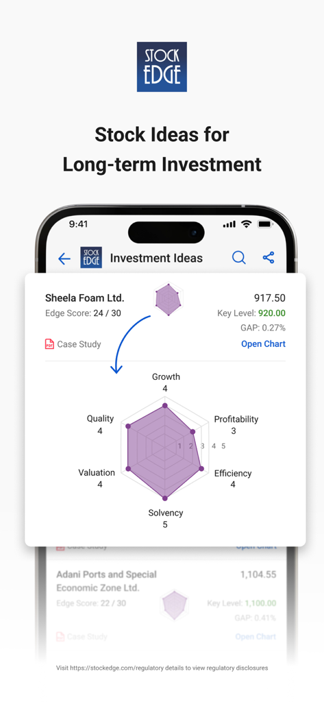 StockEdge app interface showing long term stock investment ideas with a fundamental analysis radar chart for Sheela Foam Ltd.