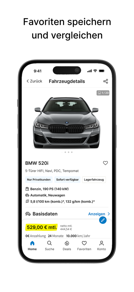 Mobiler App-Screenshot mit detaillierten Auto-Leasing-Informationen für einen BMW 520i, einschließlich monatlichem Preis und Spezifikationen.