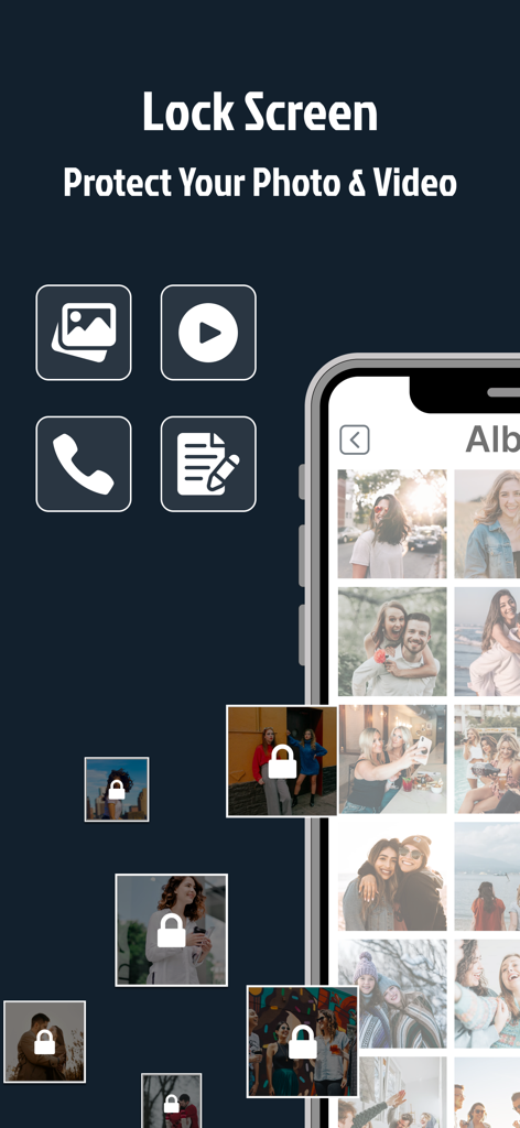 Among Lock Screen Password App - Captura de pantalla de la aplicación Among Lock Screen que muestra las funciones de protección de fotos y videos con una interfaz de bóveda privada
