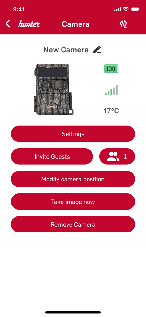 Nordic Hunter - Nordic Hunter mobile app interface showing trail camera status and remote management buttons