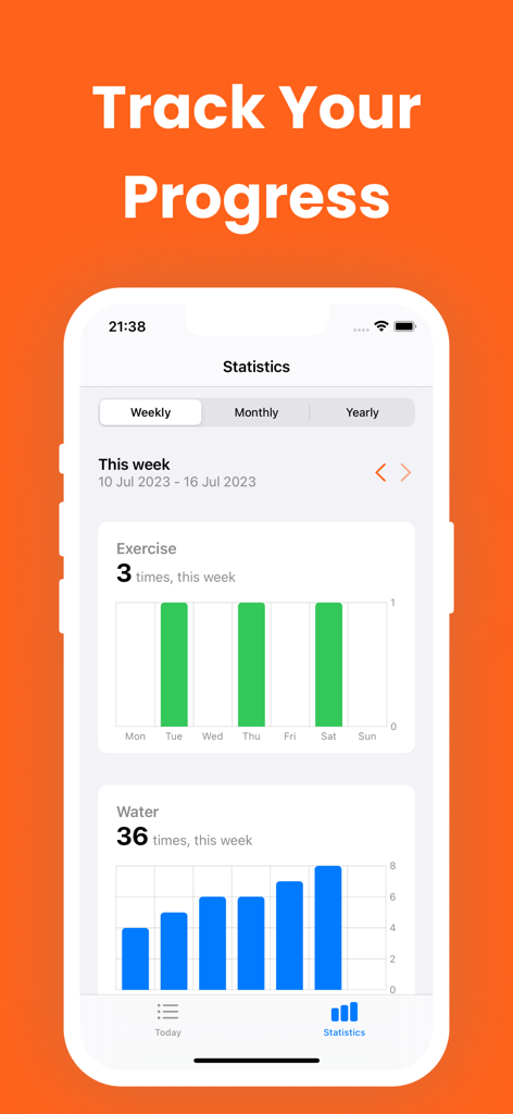 Day Counter & Tracker - Since - エクササイズと水分摂取習慣の毎週の進捗チャートを示す日数カウンター＆トラッカーアプリの統計画面。