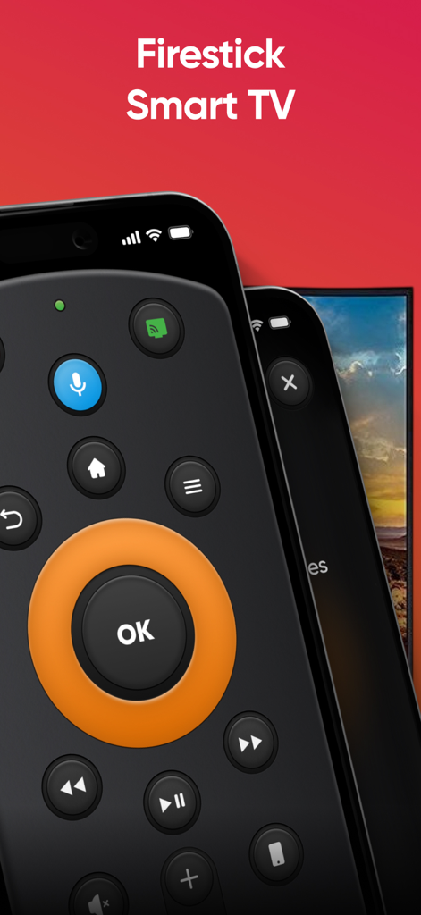 Fire TV Remote Universal Stick - Digital remote control interface for Fire TV and Firestick displayed on an iPhone