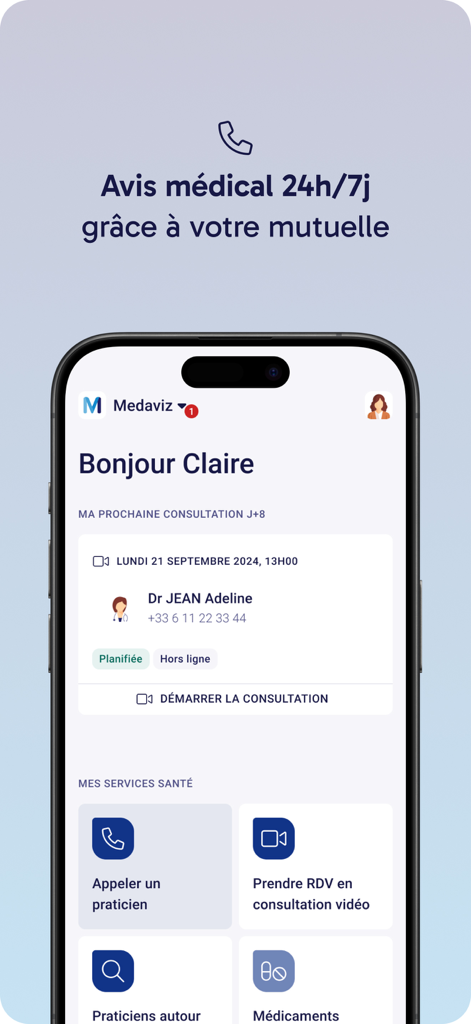 Medaviz app dashboard showing a scheduled medical appointment and telehealth services