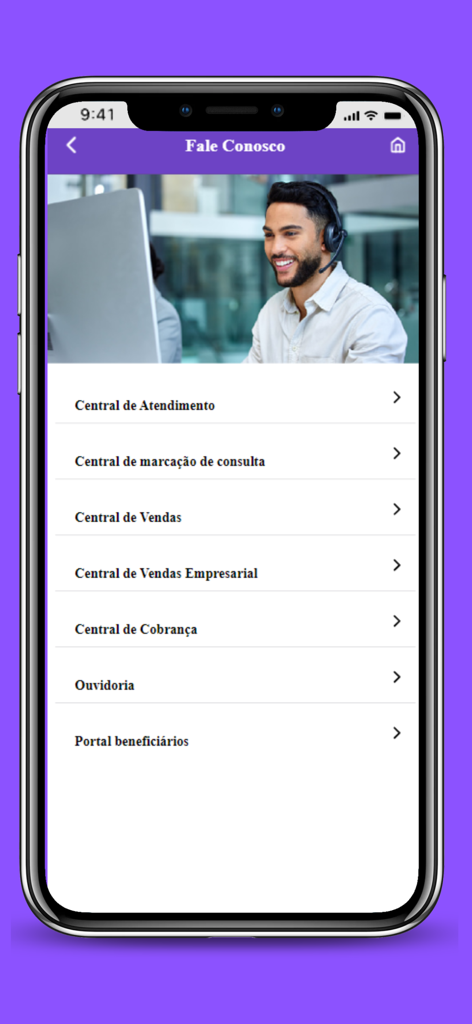Odonto System - Tela de contato do aplicativo Odonto System listando centros de serviço e agendamento.
