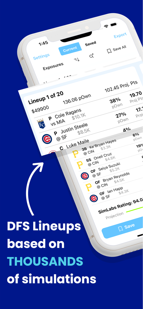 DFS Lineup Optimizer - SimLabs - SimLabs mobile app screen showing a fantasy sports lineup generated through simulations