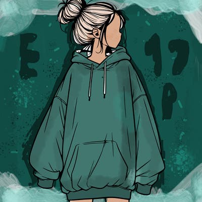 realistic girl with a oversized sweatshirt on and a bun