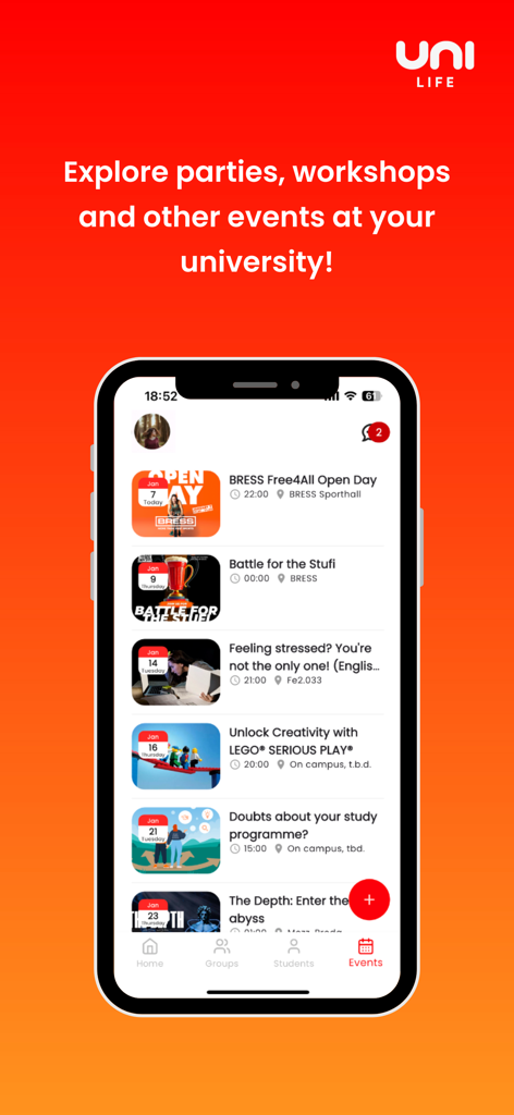 Uni-Life - Uni-Life app events screen showing a list of university parties and workshops