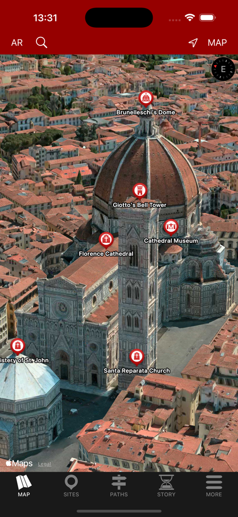 Florence Tour - Travel Guide - Mapa 3D de vista de pájaro de la Catedral de Florencia y monumentos cercanos en la aplicación de guía de viaje