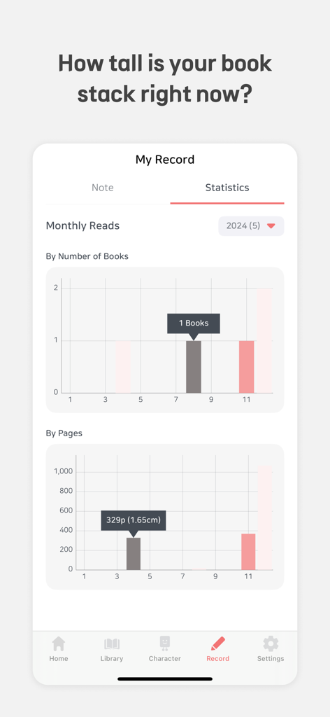 Book Towers - Reading Tracker - Monthly reading statistics screen showing charts for number of books and total stack height in centimeters