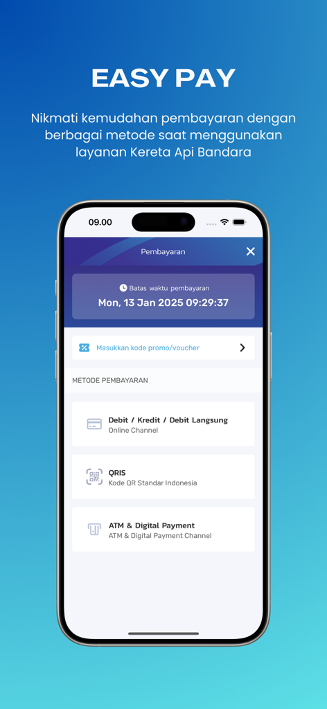 KA Bandara - Tela de pagamento do aplicativo KA Bandara mostrando opções de débito, crédito e pagamento digital