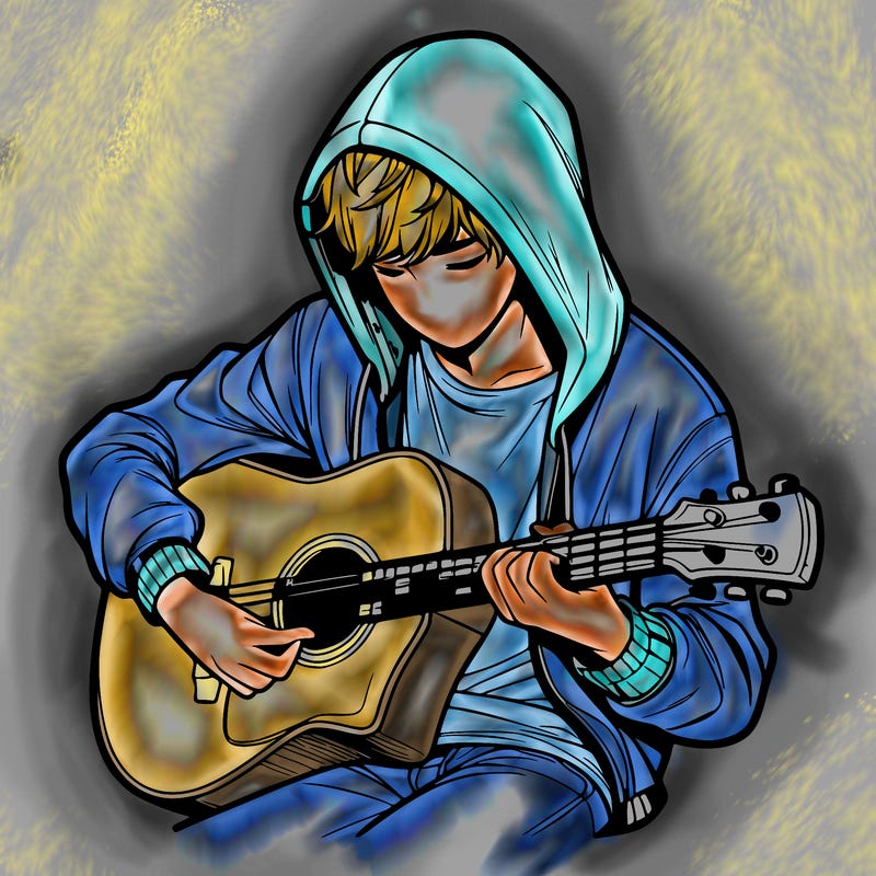 realistic boy in hoodie playing guitar