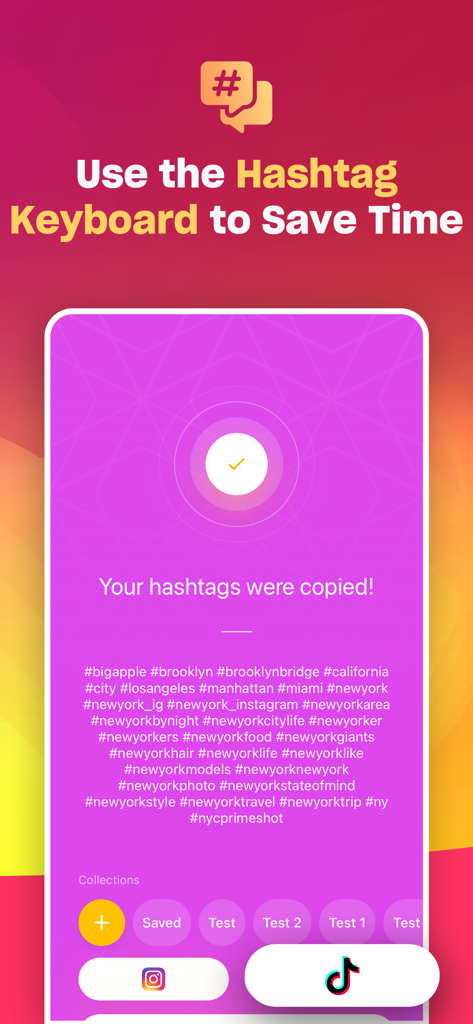 Screenshot dell'interfaccia dell'app Hashtag Expert che mostra un elenco di hashtag copiati per post sui social media