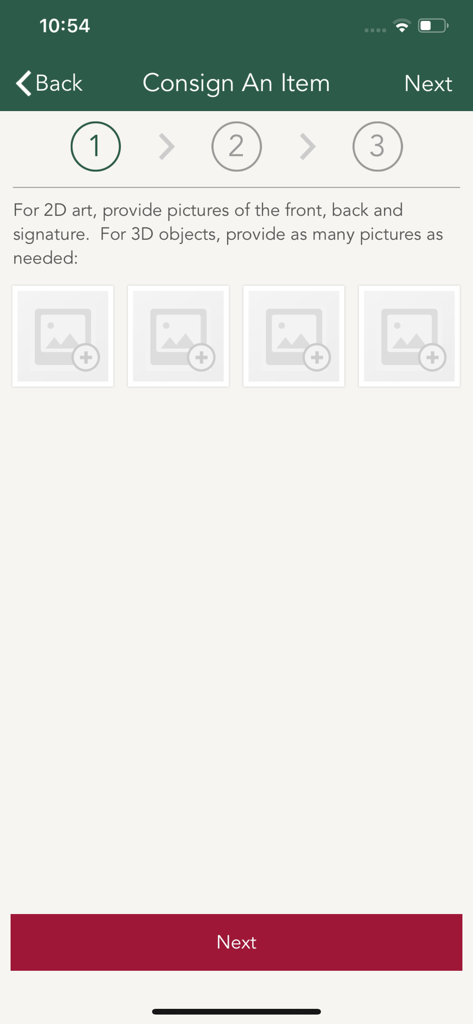 Benutzeroberfläche zum Hochladen von Fotos von Gegenständen, die in der Herman’s Auktions-App eingeliefert werden sollen.