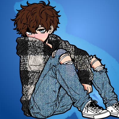 a male hoddie ripped jeans messy hair anime