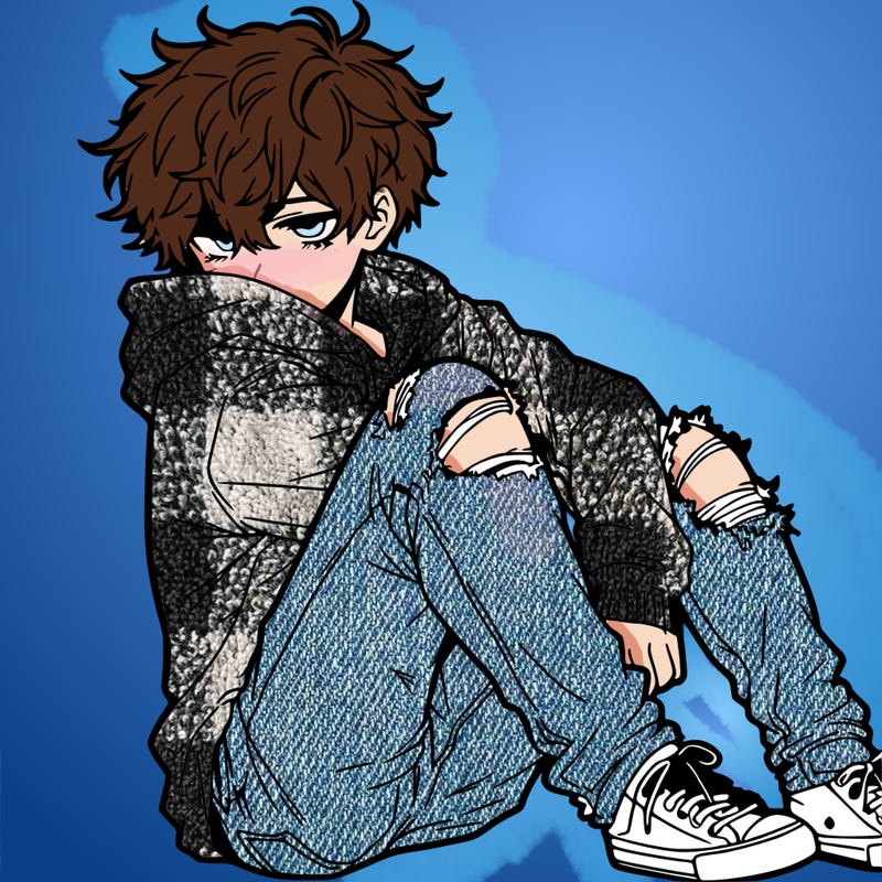 a male hoddie ripped jeans messy hair anime