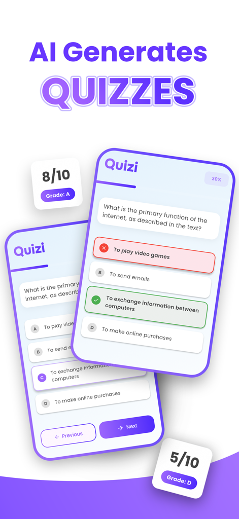Smartphone screens displaying AI generated multiple choice quizzes and academic grades in Quizi AI