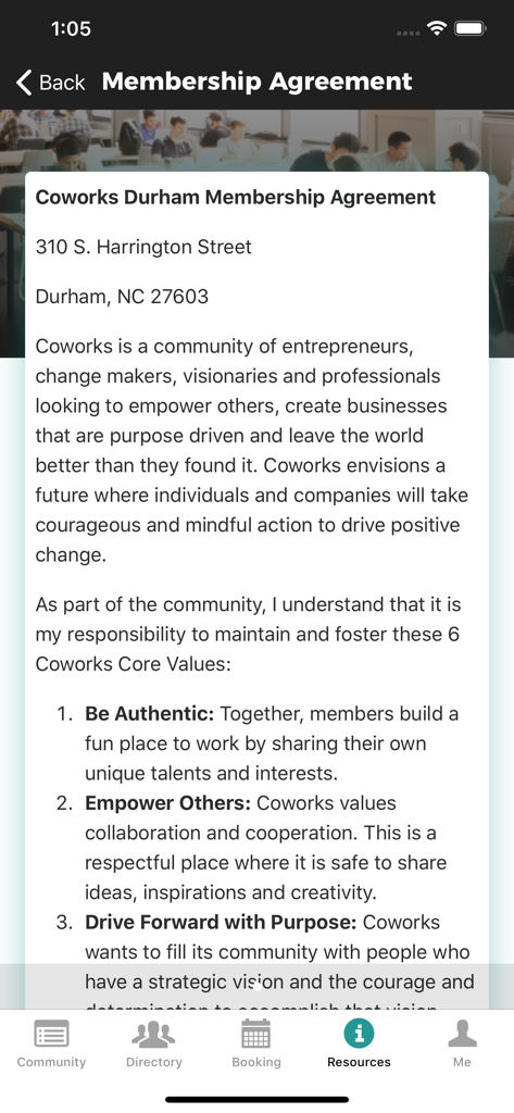 Coworks app screen showing the membership agreement and core community values for a location in Durham