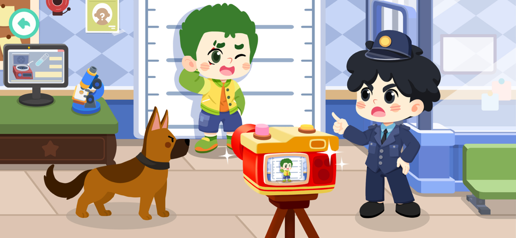 Little Panda's Town: My World - A police station role playing scene in Little Panda's Town My World app with a policeman and a dog