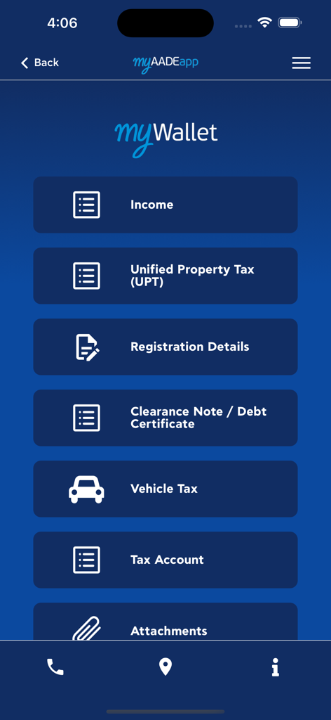 myAADEappのmyWallet画面。所得、固定資産税、車両税などの税金カテゴリが表示されています。