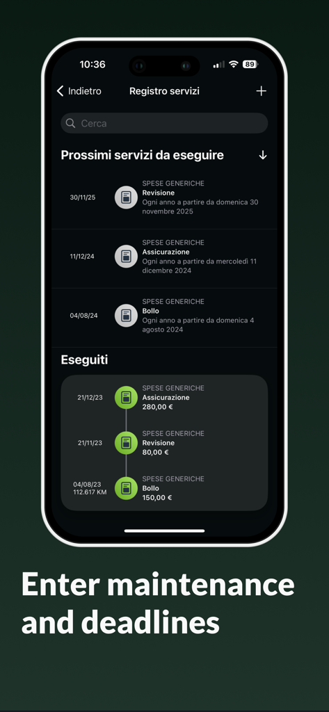 Ride Log: Motorcycle Tracker - Uma interface móvel do aplicativo Ride Log mostrando um registro de histórico de manutenção e serviço de uma motocicleta, incluindo tarefas futuras e concluídas