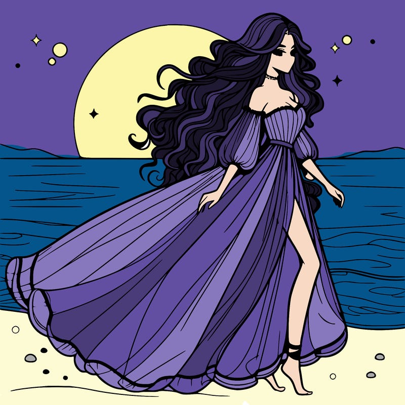 beautiful woman with a vaporous long dress walking on the beach at the noon, detailed art